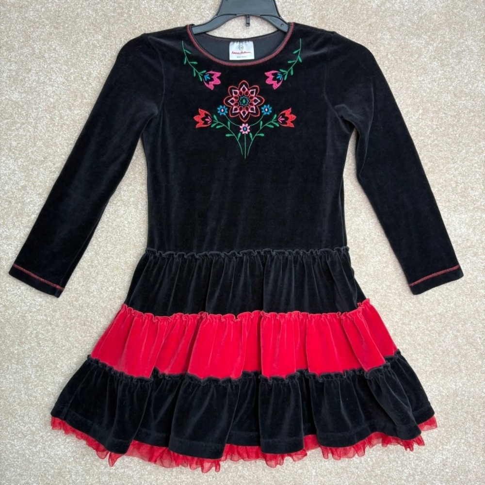 Hanna Andersson Long Sleeve Velvet‎ Twirl Dress Girls Size 8 130cm Floral Ruffle